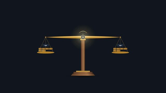 A classic two-arm balance scale visually equalizes two different fractions by adjusting their denominators until the arm settles perfectly horizontal. Seamless 6-second transparent loop ideal for teac