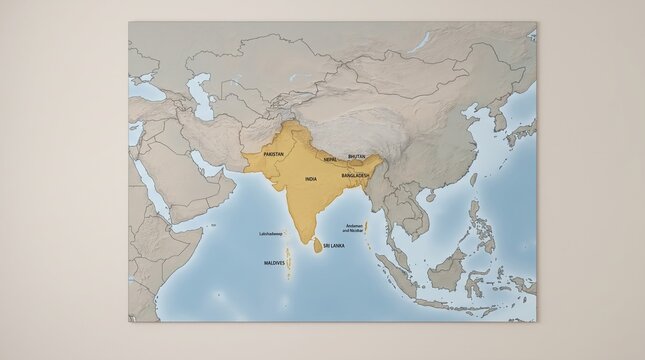 Map of South Asia and Indian Subcontinent Highlighted on Canvas