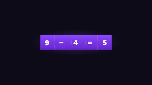 Jigsaw puzzle pieces bearing numbers and operators fly in and interlock one by one, forming a complete subtraction equation that glows softly once solved. Seamless 6-second transparent loop ideal for 