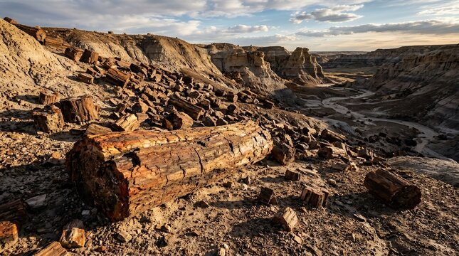 Scenic Petrified Forest Landscape with Fossilized Wood Logs in Desert Badlands at Sunset with Dramatic Sky Background