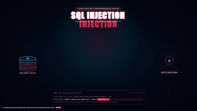SQL Injection Cyber Attack on Database Server with Futuristic HUD Interface.