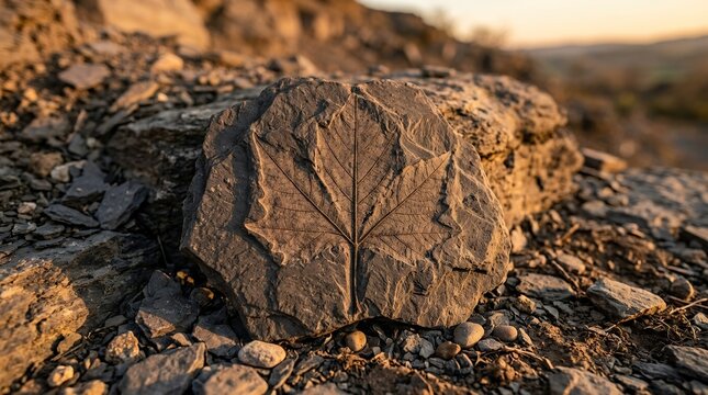Ancient Leaf Fossil Imprint on Natural Stone Rock in Golden Sunset Light, Concept of Paleontology and Earth History