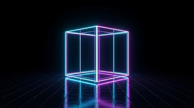 Glowing neon cube with cyan and magenta light edges, centered on a dark reflective grid floor against a black background