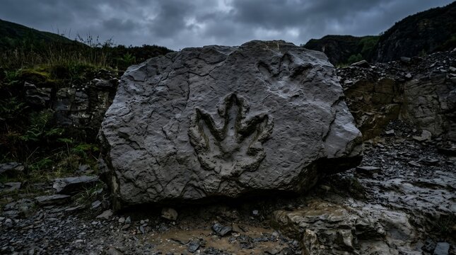 Ancient Dinosaur Footprint Fossil Imprint on a Large Grey Rock in a Prehistoric Mountain Landscape under Moody Clouds