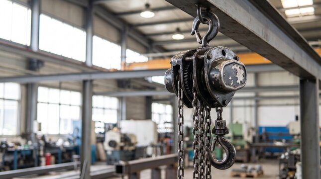 Industrial Chain Hoist Close-Up with Heavy Steel Chains and Mechanical Gears in Manufacturing Workshop