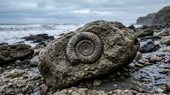 Authentic Ammonite Fossil Specimen Embedded in Rock at the Beach Coastal Landscape with Waves and Cloudy Sky View