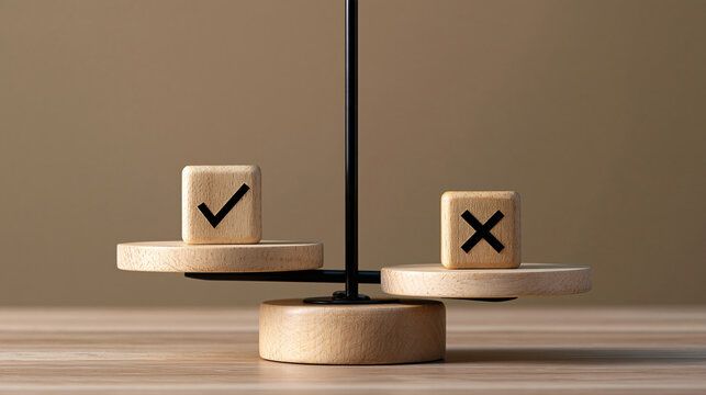 Elegant photo of A wooden balance scale shows a checkmark block outweighing an 'X' block, symbolizing correct decision-making. Ideal for concepts of choice, approval, and.