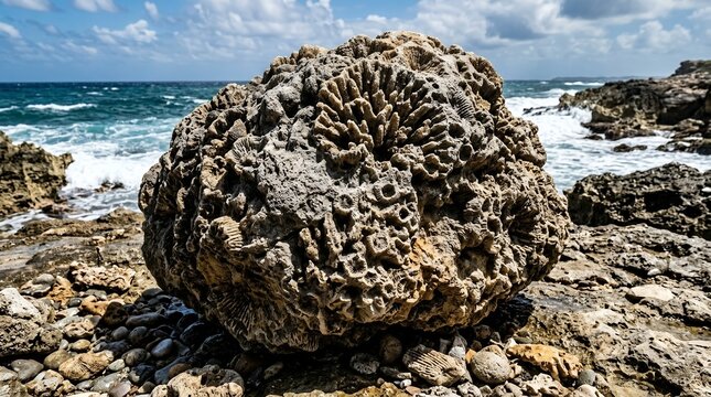 Ancient fossil coral reef rock on a sunlit coastline with turquoise sea water waves and dramatic sky background