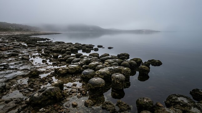Atmospheric View of Ancient Microbial Thrombolites Along a Quiet Misty Coastline with Moody Fog and Calm Waters