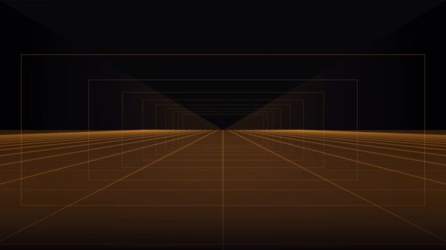 Futuristic retro neon grid loop with glowing orange wireframe perspective lines on dark background