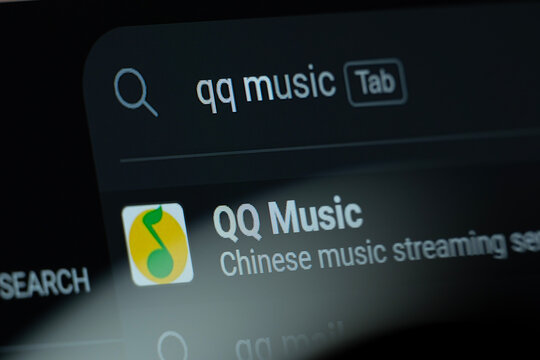 Shenzhen, China - 09 Aug 2026: Search result for QQ Music is seen on a digital screen.