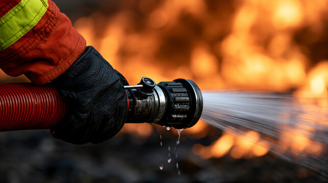 Elegant photo of A firefighter's gloved hand holds a hose, powerfully spraying water against a blurry background of bright orange flames. Emergency services and disaster relief.