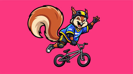 Obraz premium Cartoon squirrel mascot doing a stunt on a BMX bike