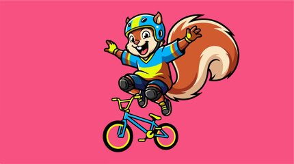 Obraz premium Cartoon squirrel mascot performing a jump on a bmx bike