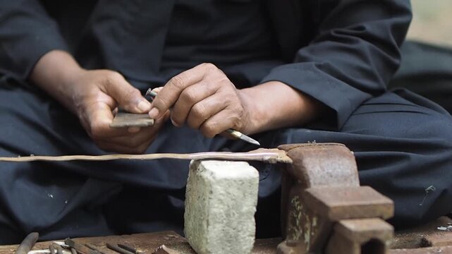 Hands shape wood with chisel and hammer
