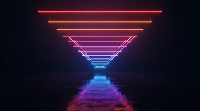 Glowing neon lines forming an inverted pyramid shape, receding into a dark void with a reflective purple and blue surface below