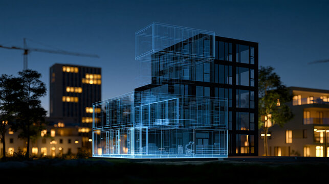 Elegant photo of A modern building with a glowing blue wireframe architectural blueprint overlays a blurred city background at night. This symbolizes smart construction, digital.