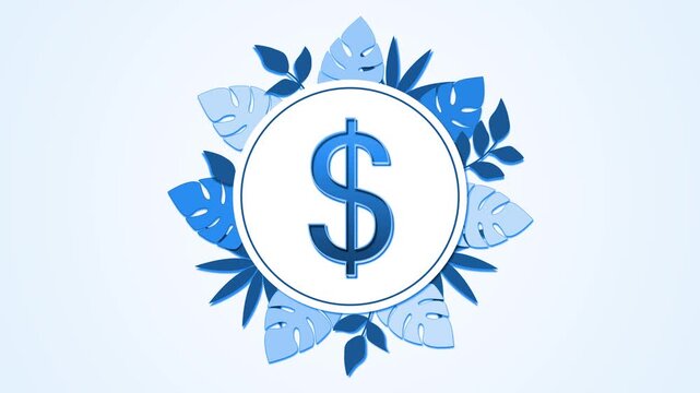 Dollar sign emblem framed by tropical leaves on soft mint background animation