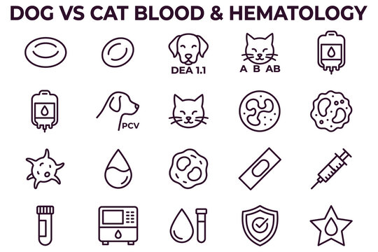Educational veterinary infographic comparing dog vs cat blood types, hematology, and DEA 1.1 blood group icons with PCV, blood cells, and medical symbols on clean white background