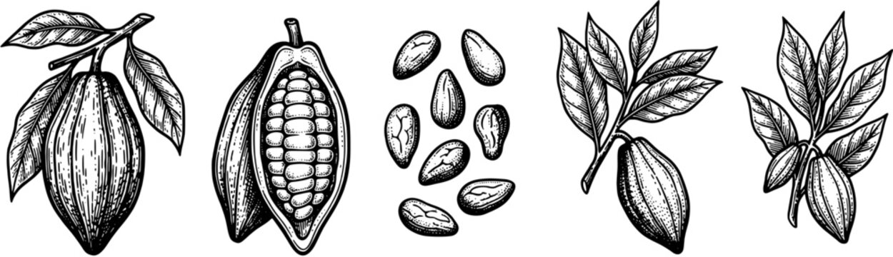 Cocoa bean and plant icon set in vintage engraved line art style including pods, seeds, leaves and branches.