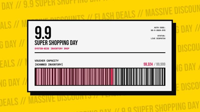 High-impact, brutalist 4K motion graphic for 9.9 Super Shopping Day. Features kinetic typography marquees, stark Cyber Yellow and Ultra Black contrast, and a massive barcode laser scanner capacity