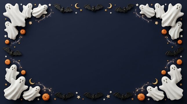 Halloween frame borders featuring white ghosts black bats gold stars pumpkins set against dark navy blue background.
