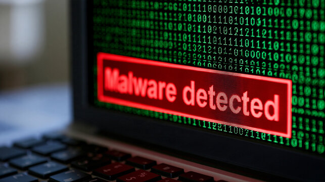 Elegant photo of Red "Malware detected" alert flashes on a laptop screen displaying green binary code. Cybersecurity concept for digital threat protection.