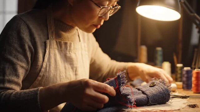 Focused on Fabric: A woman with glasses intently stitches a piece of textured fabric under the warm glow of a desk lamp, surrounded by spools of colorful thread and sewing tools.