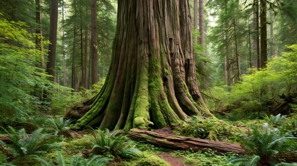 Fototapeta premium Ancient cedar tree in lush mossy forest
