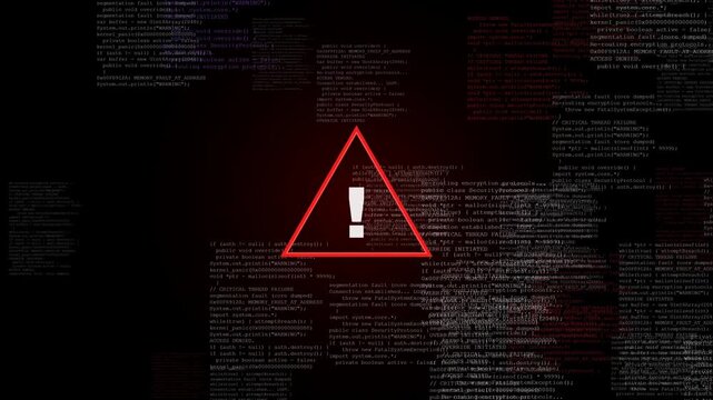 High tech cybersecurity warning alert featuring a clean, solid red triangle surrounded by multi-directional, sinusoidally drifting source code data streams and intense digital glitch artifacts.