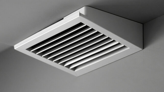 Elegant photo of A modern square ventilation grille mounted on a ceiling under soft lighting. HVAC and indoor air quality concept for engineering services.