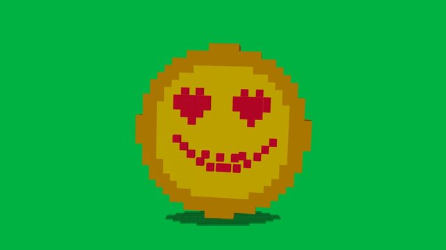 3D Pixel Art Gold Coin Winking to Heart Eyes Emote Floating Loop Green Screen