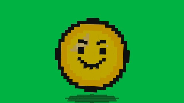 3D Pixel Art Crying to Smiling Face Coin Floating Loop Green Screen