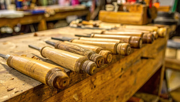 A collection of traditional wooden-handled chisels lined up on a rustic workbench in a woodworking workshop.