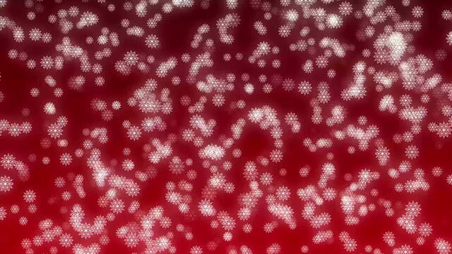 Snowflakes drift softly against a deep red backdrop. Glowing particles add warmth and magic to the scene. Perfect for holiday cards or festive digital backgrounds. The red hue evokes joy