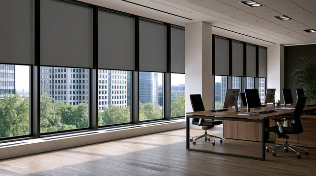 Elegant photo of Modern open office interior with roller blinds on large windows overlooking a city. Ideal for corporate workspace design and real estate ads.