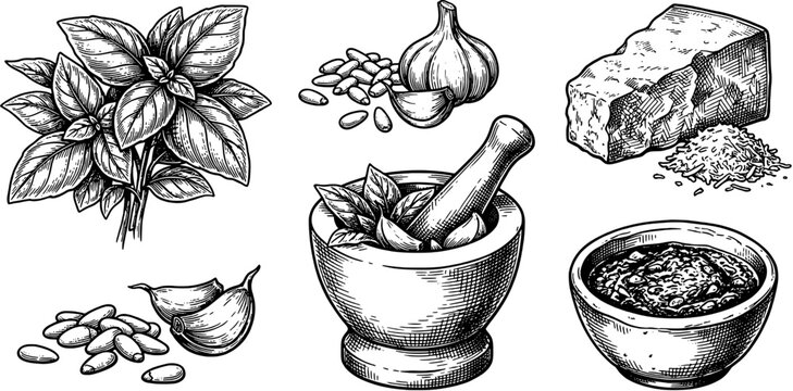 Pesto ingredients and making process icon set in engraved line art style including basil, garlic, pine nuts, parmesan cheese, mortar and pestle.