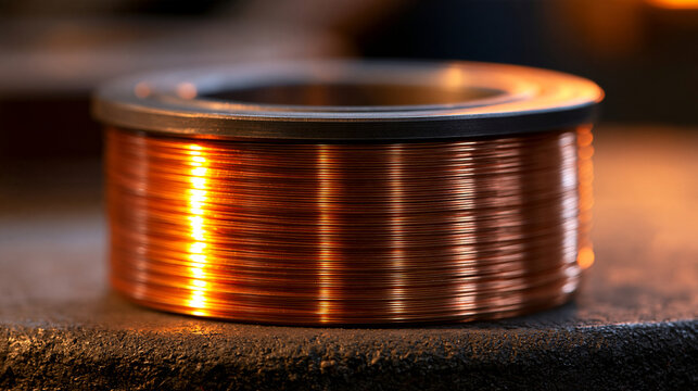 Elegant photo of A spool of shiny copper wire glows under warm industrial light. Ideal for electrical manufacturing and engineering concepts.