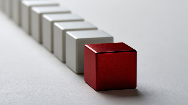 Elegant photo of A metallic red cube leads a line of white cubes on a textured gray surface. Great for leadership and individuality concepts.