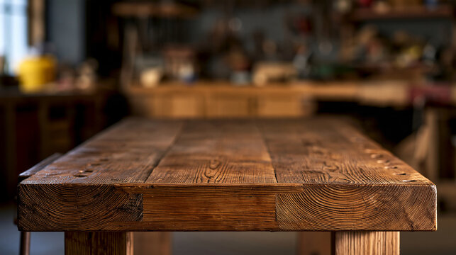 Elegant photo of A rustic wooden workbench stands in a dimly lit, blurred carpentry workshop. Ideal background for product display and craftsmanship concepts.