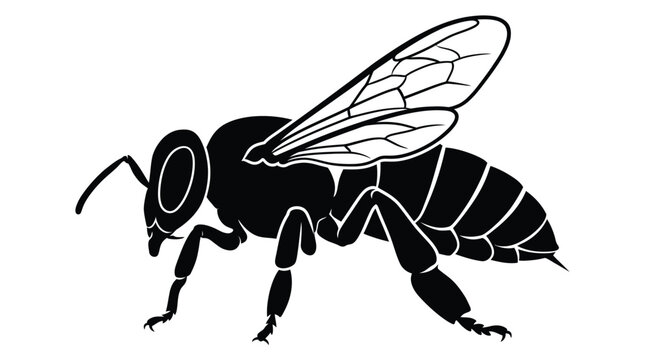 Detailed black bee vector graphic illustration showing intricate insect anatomy with clean outline strokes