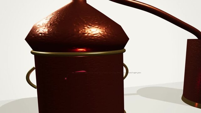 3D animation of Rosa damascena or Damascus rose steam distillation process inside a copper alembic still demonstrating the extraction of natural essential oil and hydrosol