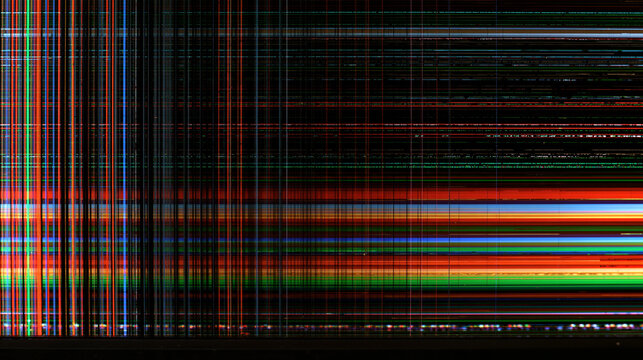 Elegant photo of Abstract shattered screen with colorful horizontal and vertical lines, representing digital glitch or data corruption. For technology or media failure concepts.