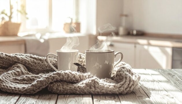 Two steaming cups of hot beverages resting on a cozy woolen blanket on a wooden table in a bright kitchen
