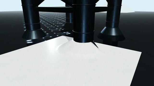 3D animation of an arctic offshore platform demonstrating how conical ice breakers on its legs cause flexural tensile failure in a moving ice sheet, protecting the structure from extreme pressure