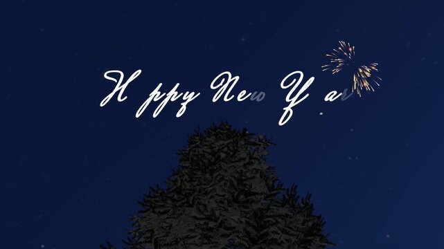 Dark sky with twinkling stars and a single tree silhouette. White cursive script reads "Happy New Year" with festive fireworks. Tree stands tall beneath the night's quiet glow