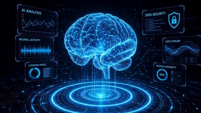 Digital Visualization of a Luminous Blue Brain Representing Data Processing and Cognitive Functions