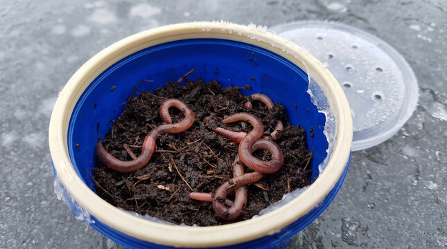 Ice fishing bait worms in a container resting on the ice  