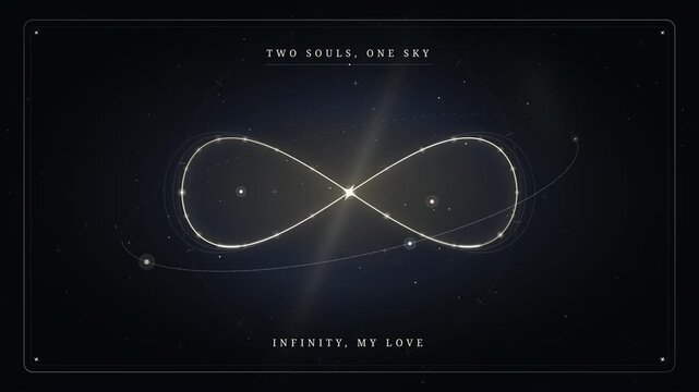 Elegant glowing infinity symbol loop animation with celestial orbits, stars, and romantic text. Dark starry night background with a sparkling golden infinity sign and floating magic particles