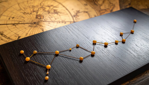 A celestial constellation pattern displayed on an antique star map resting on a dark wooden surface